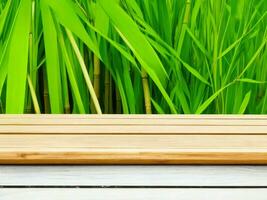 Wooden table on bamboo plant background ai generated photo