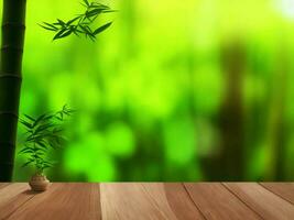 Wooden table on bamboo plant background ai generated photo