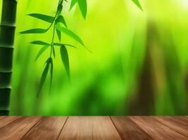 Wooden table on bamboo plant background ai generated photo