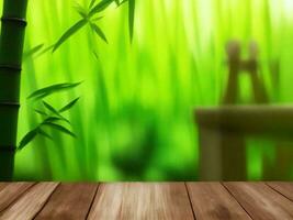 Wooden table on bamboo plant background ai generated photo