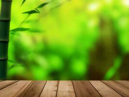 Wooden table on bamboo plant background ai generated photo