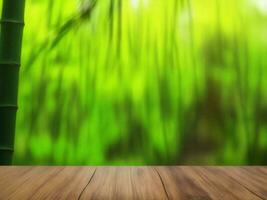 Wooden table on bamboo plant background ai generated photo