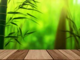 Wooden table on bamboo plant background ai generated photo