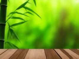 Wooden table on bamboo plant background ai generated photo