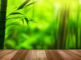 Wooden table on bamboo plant background ai generated photo