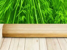 Wooden table on bamboo plant background ai generated photo