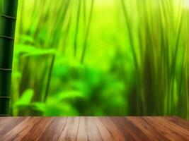 Wooden table on bamboo plant background ai generated photo