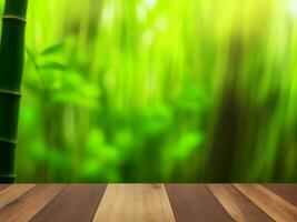 Wooden table on bamboo plant background ai generated photo