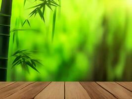 Wooden table on bamboo plant background ai generated photo