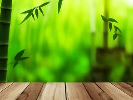 Wooden table on bamboo plant background ai generated photo