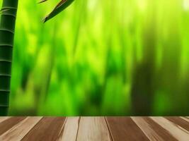 Wooden table on bamboo plant background ai generated photo