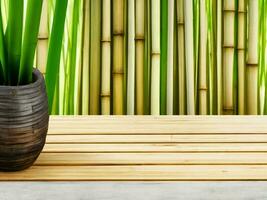 Wooden table on bamboo plant background ai generated photo