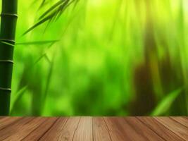 Wooden table on bamboo plant background ai generated photo