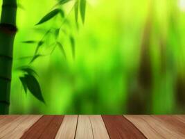 Wooden table on bamboo plant background ai generated photo