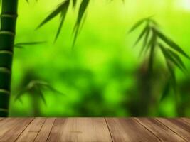 Wooden table on bamboo plant background ai generated photo