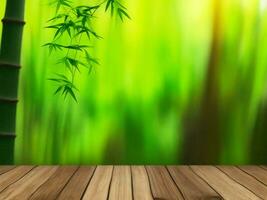 Wooden table on bamboo plant background ai generated photo