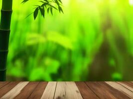 Wooden table on bamboo plant background ai generated photo