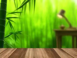 Wooden table on bamboo plant background ai generated photo