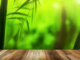 Wooden table on bamboo plant background ai generated photo