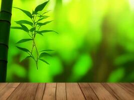 Wooden table on bamboo plant background ai generated photo