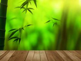 Wooden table on bamboo plant background ai generated photo