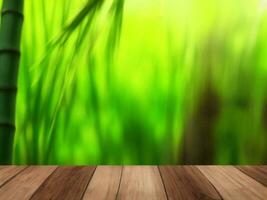 Wooden table on bamboo plant background ai generated photo