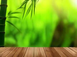 Wooden table on bamboo plant background ai generated photo