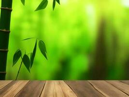 Wooden table on bamboo plant background ai generated photo