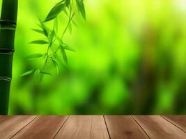 Wooden table on bamboo plant background ai generated photo