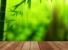 Wooden table on bamboo plant background ai generated photo