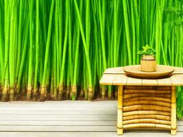 Wooden table on bamboo plant background ai generated photo