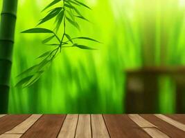 Wooden table on bamboo plant background ai generated photo