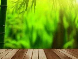 Wooden table on bamboo plant background ai generated photo