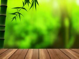 Wooden table on bamboo plant background ai generated photo