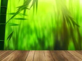 Wooden table on bamboo plant background ai generated photo