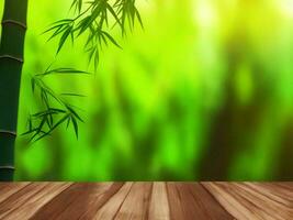 Wooden table on bamboo plant background ai generated photo