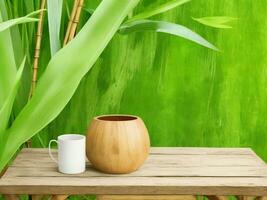 Wooden table on bamboo plant background ai generated photo