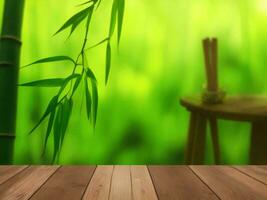 Wooden table on bamboo plant background ai generated photo