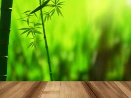 Wooden table on bamboo plant background ai generated photo