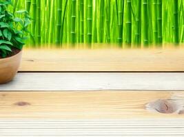 Wooden table on bamboo plant background ai generated photo