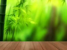 Wooden table on bamboo plant background ai generated photo