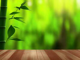 Wooden table on bamboo plant background ai generated photo