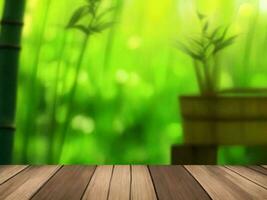 Wooden table on bamboo plant background ai generated photo