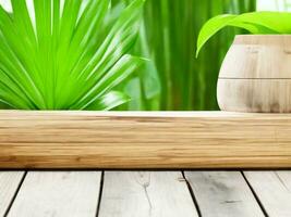 Wooden table on bamboo plant background ai generated photo