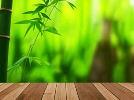 Wooden table on bamboo plant background ai generated photo