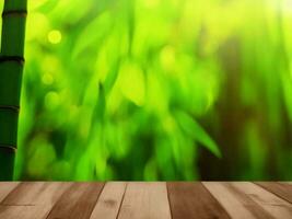 Wooden table on bamboo plant background ai generated photo