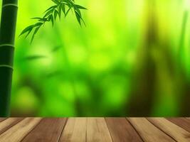 Wooden table on bamboo plant background ai generated photo