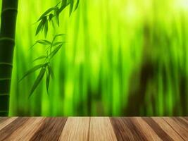 Wooden table on bamboo plant background ai generated photo