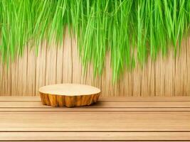 Wooden table on bamboo plant background ai generated photo