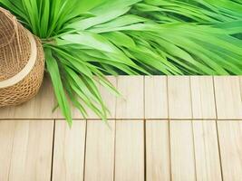 Wooden table on bamboo plant background ai generated photo